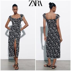 Zara Navy White Embroidered midi dress size XS